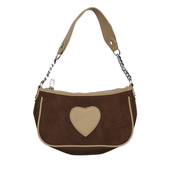 SHEIN Y2K Brown and Tan Heart Baguette Bag Shoulder Bag Silver Chain Strap Purse - Picture 2 of 7